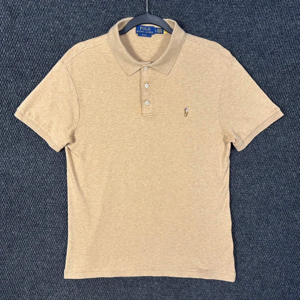 Polo Ralph Lauren Soft Cotton Polo Shirt Mens L Slim Fit Tan Heather Flesh Pony